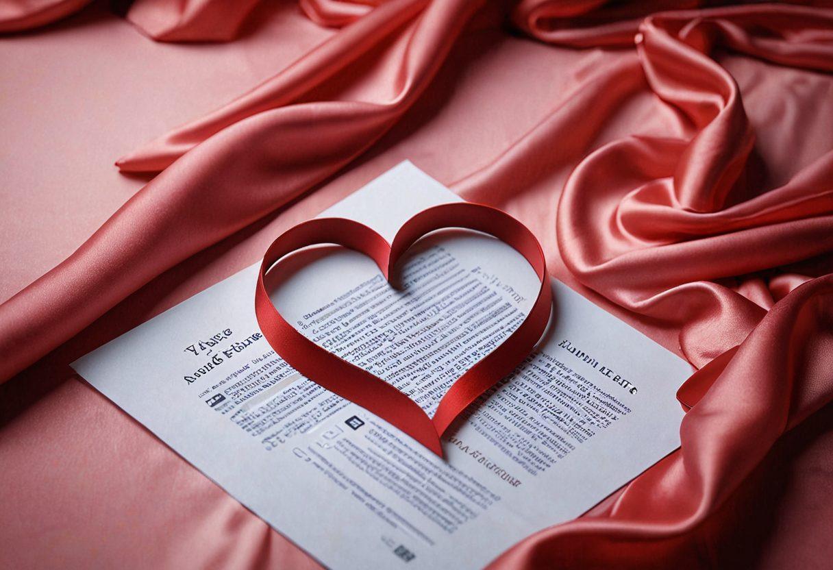 A visually striking juxtaposition of a heart symbol and an insurance policy document, intertwined with elements of allure such as silk sheets and subtle adult-themed motifs. The background should depict a soft, dreamy atmosphere with warm, inviting colors. Include a subtle hint of city lights to represent the adult industry’s vibrant essence. Elegant typography overlays the scene, emphasizing the theme of love and lust in a sophisticated manner. super-realistic. vibrant colors. soft focus.