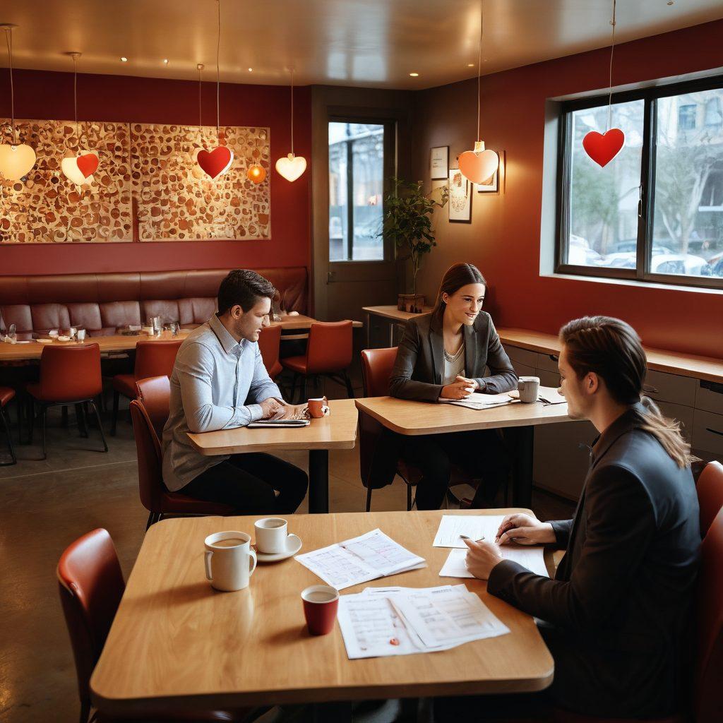 A split scene showcasing a romantic couple brainstorming business ideas in a cozy café on one side and a professional team discussing insurance options in a modern office on the other. The café features warm lighting and heart-shaped decor while the office has charts and plans related to coverage. Include symbols of love and business intertwined, like a heart-shaped briefcase or coffee cups with dollar signs. super-realistic. warm colors. blended settings.