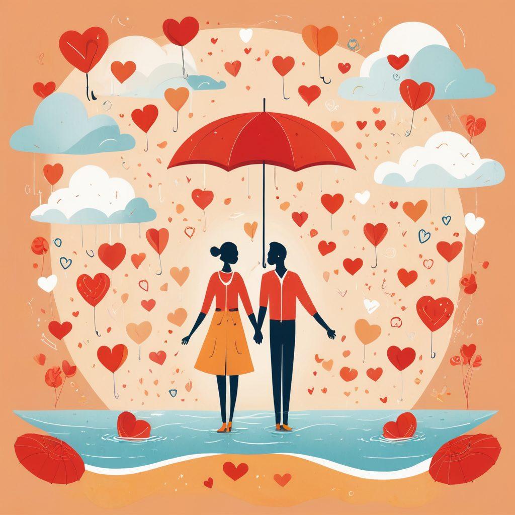 A whimsical illustration depicting two people holding hands, surrounded by floating hearts and various insurance symbols like umbrellas, lifebuoys, and shields. The imagery should convey a sense of safety and protection in relationships, highlighting the harmony between love and risk management. Incorporate warm colors and soft, inviting backgrounds to evoke romance and trust. vector art. vibrant colors.